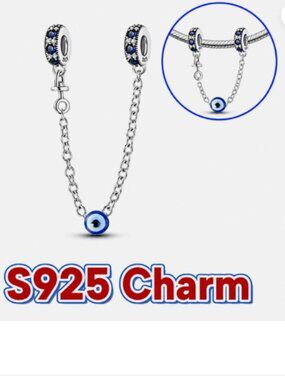 S925 Sterling Silver Evil Eye Safety Chain Charm Pendant Fit European Bracelet